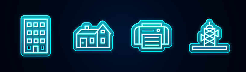 Set line House, , Printer and Antenna. Glowing neon icon. Vector.