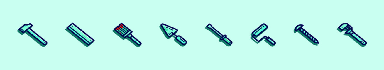 Tool icon set with lots of construction or DIY tools including level, pneumatic and many others. vector illustration isolated on blue background