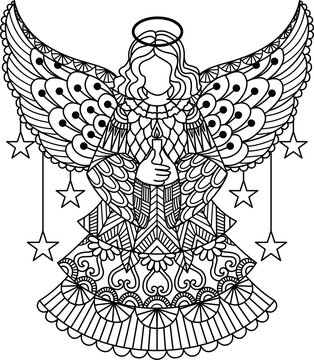 Line art design of Christmas Angel for coloring book, coloing page or print on product. Vector illustration
