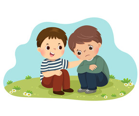 Vector illustration cartoon of little boy consoling his crying friend