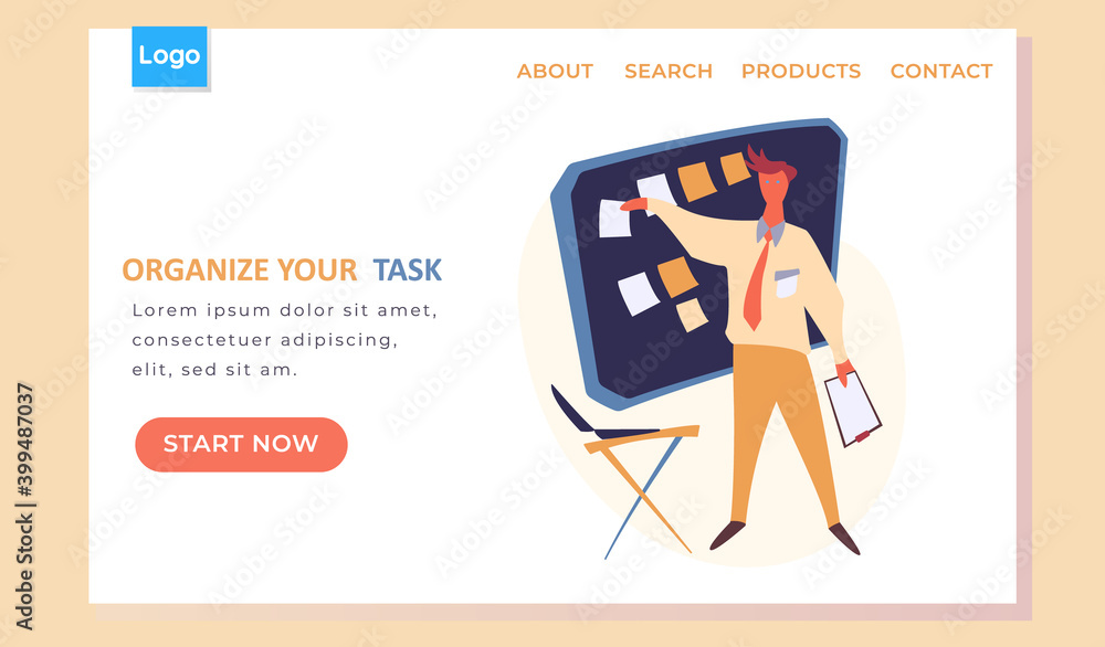 Poster organize your task landing page template with a man standing near board with paper notes for plannin