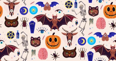 Occultism Set. Seamless Pattern With Magic Characters. Goat, Pumpkin, Cat, Skeleton, Beetle, Owl, Spider, and Other Symbols. Vector Illustration For Kids.
