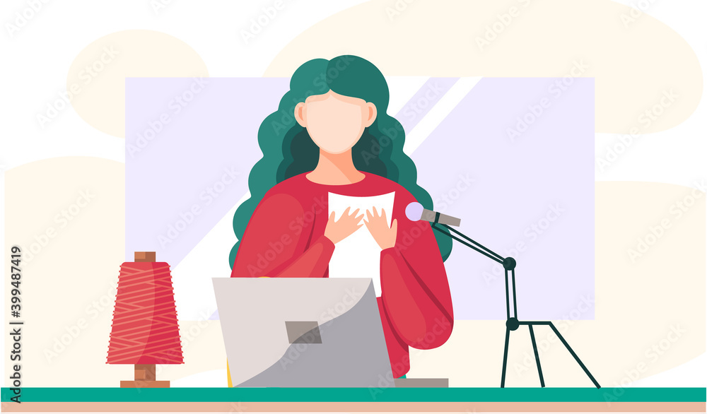 Aufkleber girl in a red sweater sits at the table, shoots video and text from paper on a microphone. the woman