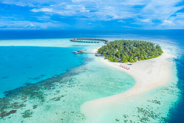 Maldives paradise scenery. Tropical aerial landscape, seascape, water villas with amazing sea and lagoon beach, tropical nature. Exotic tourism destination banner, summer aerial vacation, drone view