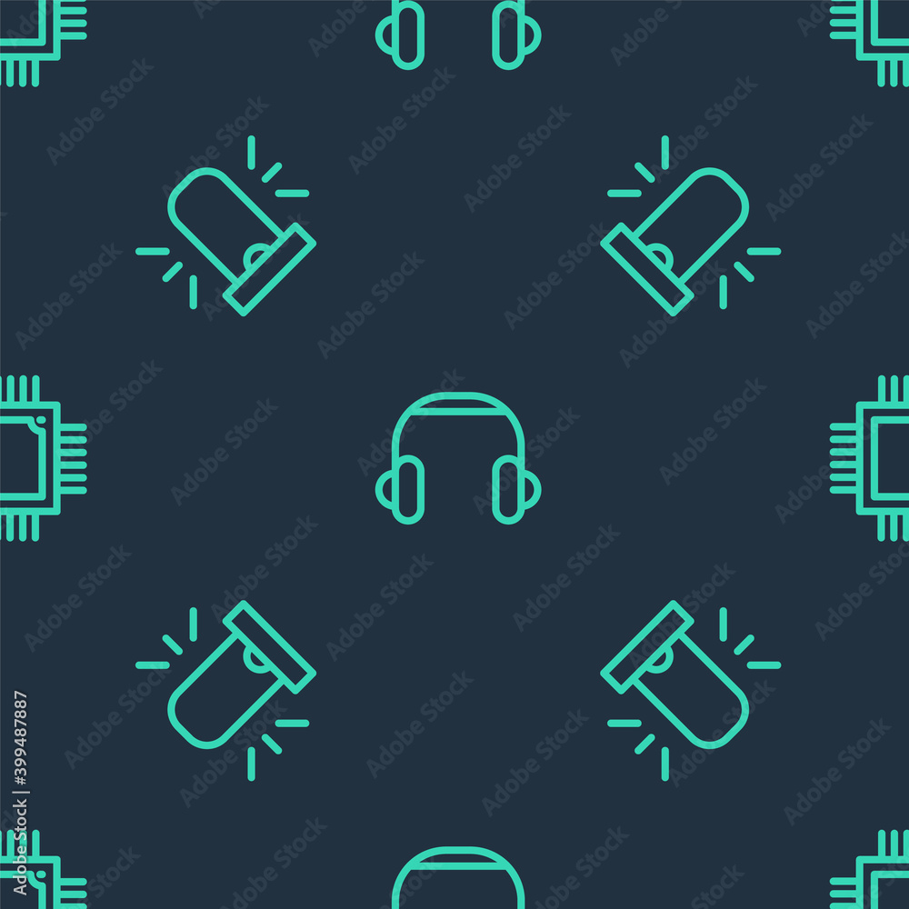 Poster set line headphones, flasher siren and processor with microcircuits cpu on seamless pattern. vector.