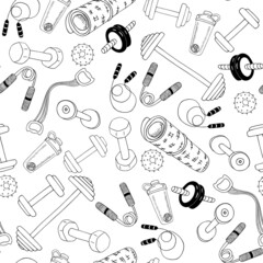 Seamless background of sports Doodle elements drawn by hand. vector pattern of: barbell, dumbbells, mat for sports, different expanders.