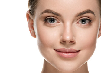 Fototapeta premium Beautiful woman face with healthy clean beauty skin close up