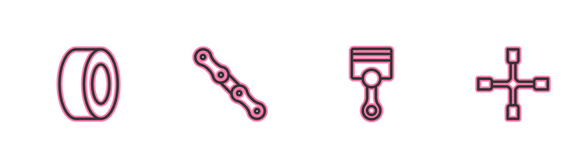 Set line Car tire, Engine piston, chain and Wheel wrench icon. Vector.