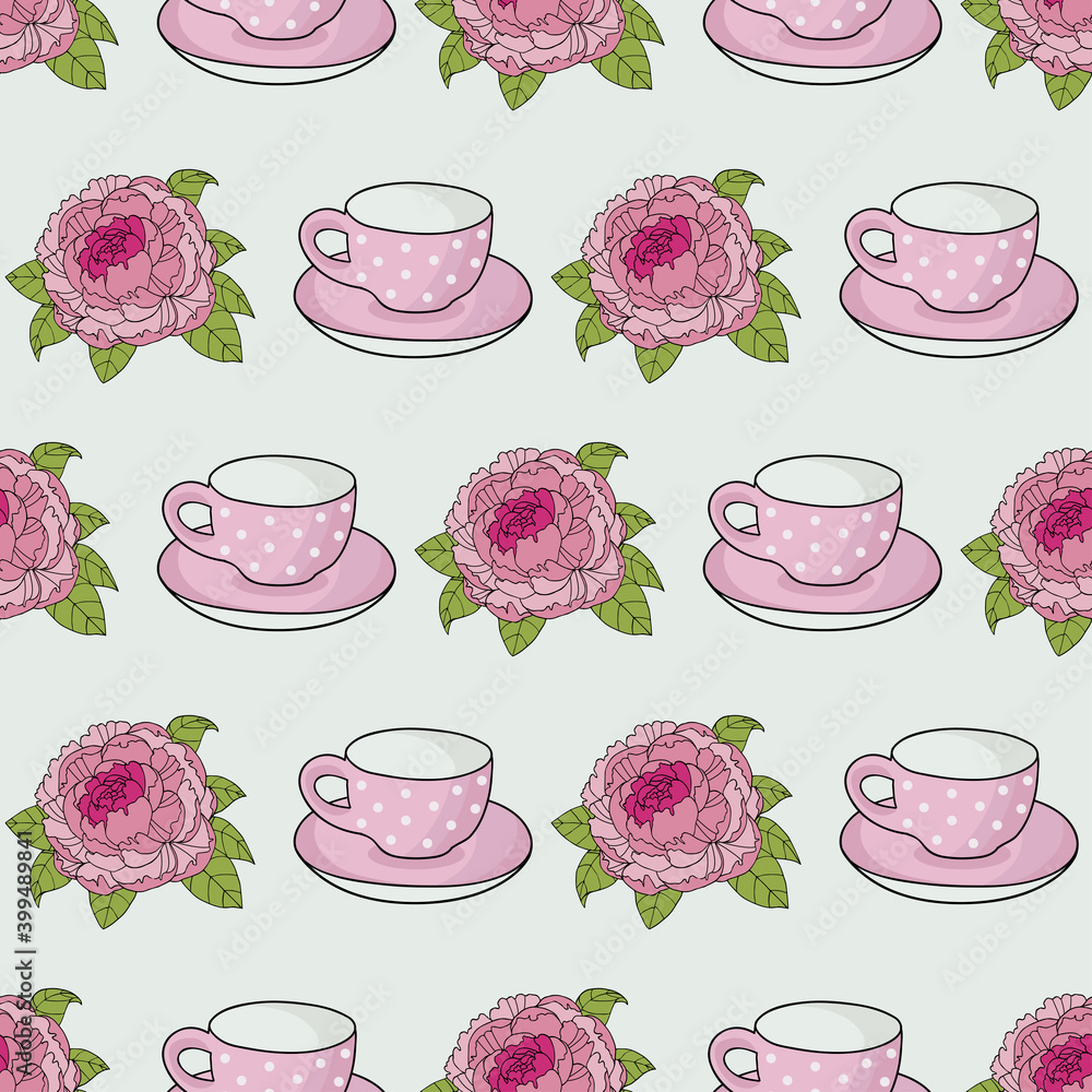 Wall mural Tea cup and peonies seamless pattern design