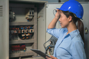 electrical engineer checking and maintenance electric control switchboard