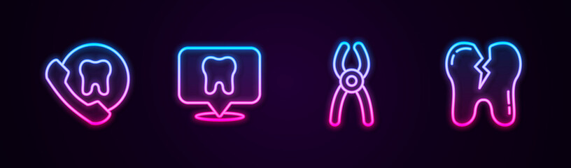 Set line Online dental care, Dental clinic location, pliers and Broken tooth. Glowing neon icon. Vector.