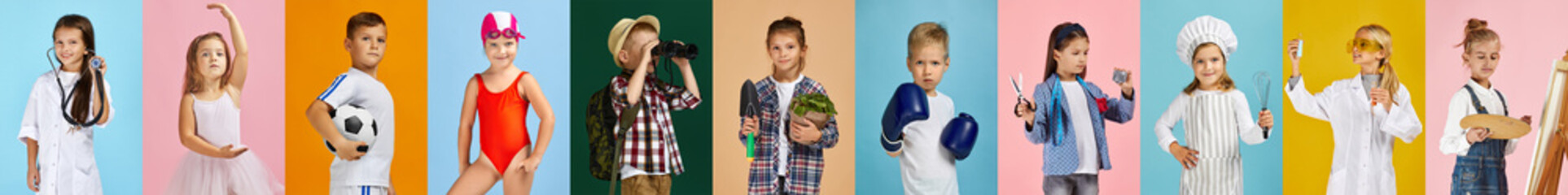 children dream of the future. Little child girl and boy want to become football player, ballerina, doctor, scientist, chef, tailor, artist, swimmer, gardener or boxer. © Rychko Yevhen