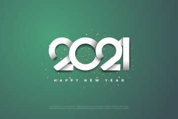 2021 happy new year with white numbers on a green background.