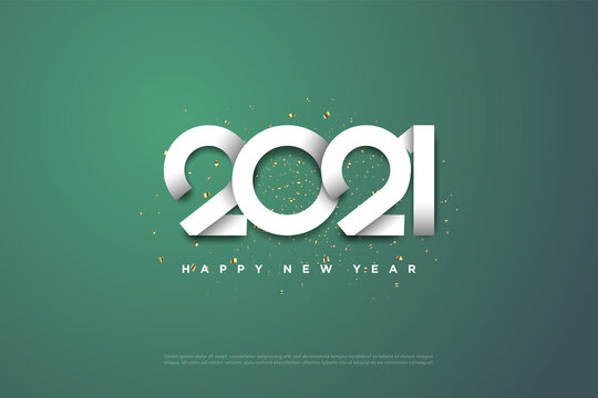 2021 Happy New Year With White Numbers On A Green Background.