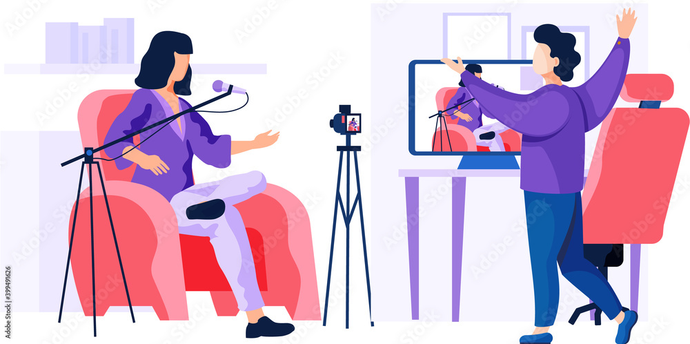 Poster working in a recording studio. people communicate at work. man and woman shoot video with a camera o