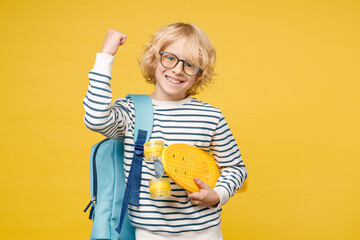 Joyful little male kid teen boy 10s years old in striped sweatshirt eyeglasses backpack hold...
