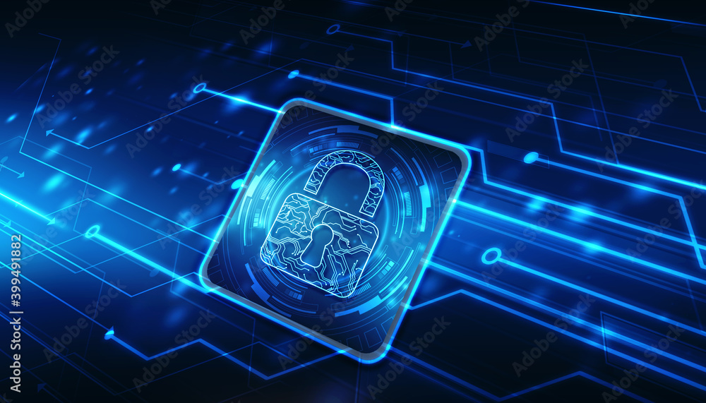 Poster internet digital cyber security technology concept for business background. lock on circuit board, c