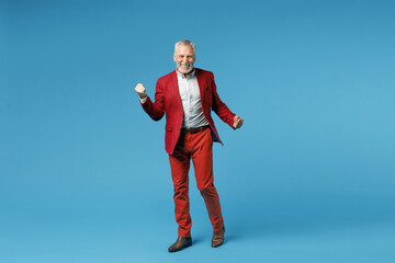 Full length of happy joyful elderly gray-haired mustache bearded business man wearing red jacket...