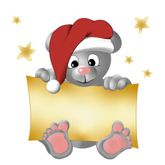 Grauer Bär mit Weihnachtsmütze und mit goldenem Schild auf weißem Hintergrund.