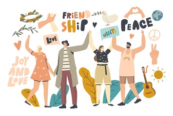Friendship, International Day of Peace Concept. Happy Males and Females Holding Hands, Hippies Lifestyle, Joy and Loive
