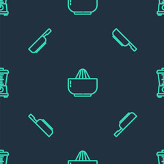 Set line Citrus fruit juicer, Frying pan and Blender on seamless pattern. Vector.
