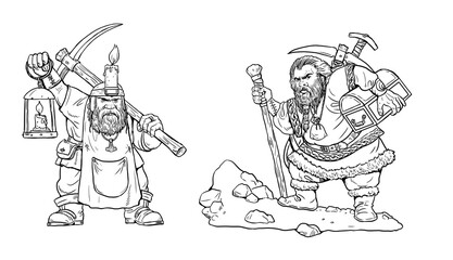 Brave dwarf on a treasure hunt. Fantasy drawing with dwarfs.	