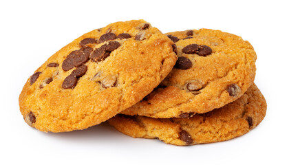 Pile of chocolate chip cookies isolated on white background