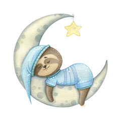 Cute sloth sleeps for a month, moon in pajamas. Watercolor children's illustration for printing or textiles. Children's design © ekkoss