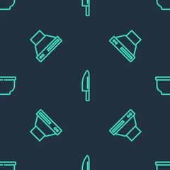 Set line Knife, Kitchen extractor fan and Bowl on seamless pattern. Vector.