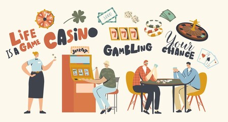 Characters Playing Gambling Games in Casino, Win Jackpot Money Prize on Slot Machine and Poker Table. Gambler Addiction