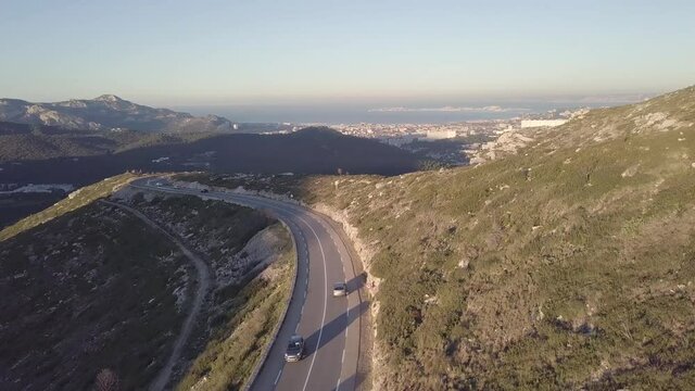 Marseille Landscape, France - La Gineste Mountain Road View - Travelling Forward - 4k Panoramic Drone Shot - Mediterranean Coast, South Europe
