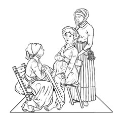 Medieval midwife receives birth of a child. Historical illustration. 