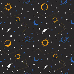 Obraz na płótnie Canvas Space seamless pattern. Astrological background. Sun, Saturn, constellations, comets and stars on a dark background. Vector shabby hand drawn illustration