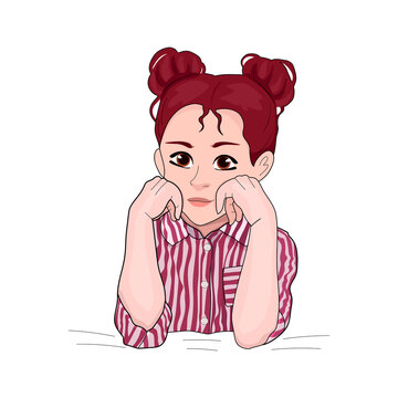 red-haired girl sits thoughtfully. cartoon style. vector sketch.