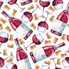 Watercolor pattern with a bottle of red wine on a white background