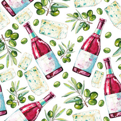 Watercolor pattern with a bottle of red wine and olives on a white background
