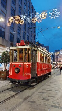 Istanbul, Turkey - December 2020: View of the Old City Tram. Christmas street decorations.