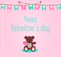 Valentine s day greeting card with hearts and love wishes. Flat vector illustration for sale, online store, delivery of goods for the holiday. Invitation flyer in pink, red, and blue. Images with a