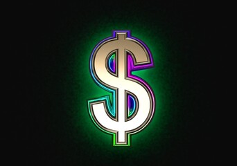 Grey brassy with colorful dichroic glass outline and green backlight font - dollar - peso sign isolated on dark, 3D illustration of symbols