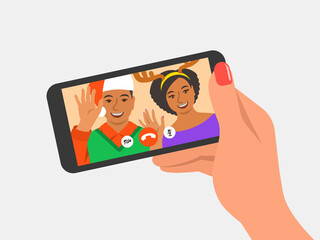 Christmas and New Year celebration together with couple friends video call. Young people in costumes congratulate each other by online videoconference app on phone. Virtual party cartoon illustration