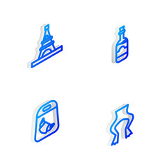Set Isometric line Bottles of wine, Eiffel tower, Croissant package and Frog legs icon. Vector.