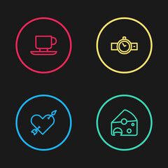 Set line Amour with heart and arrow, Cheese, Wrist watch and Coffee cup icon. Vector.