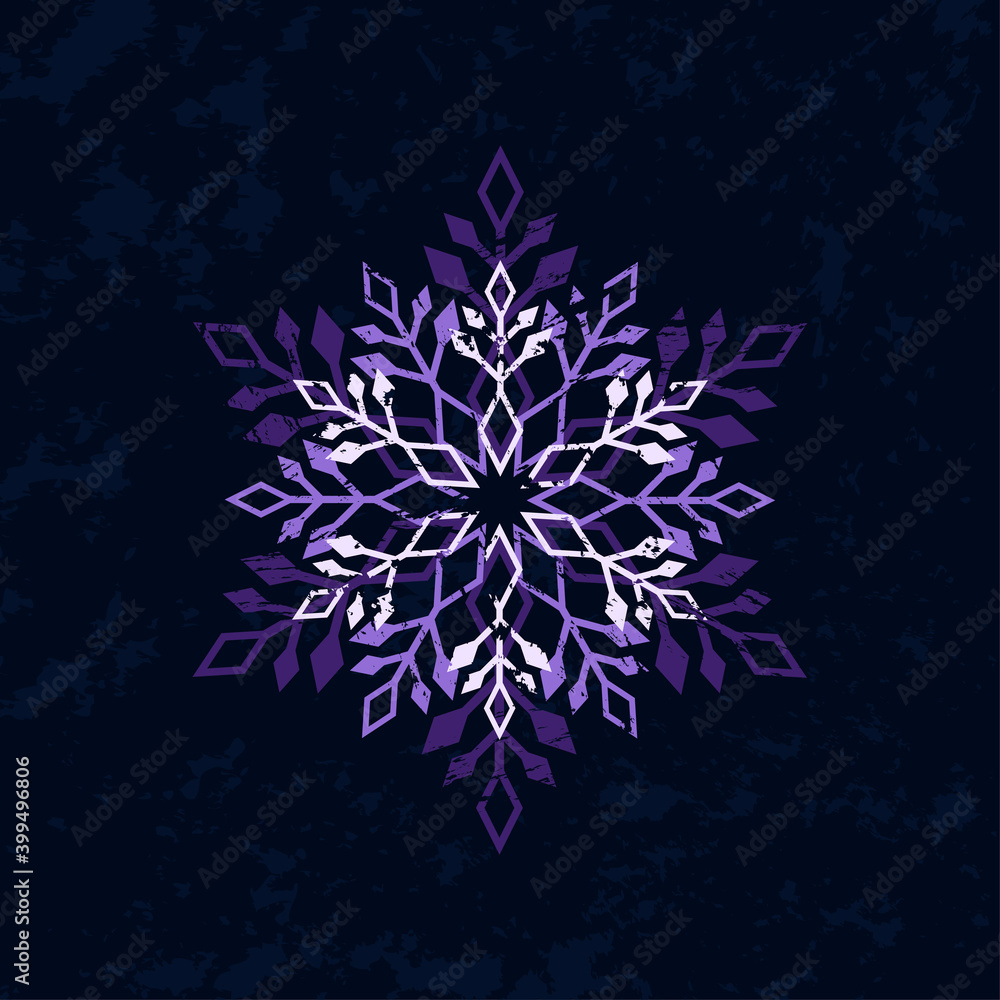 Poster snowflake geometric shape with grunge texture on dark background.