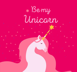 Be my unicorn card design. Valentine's day set. Pink hearts and romantic background. Illustrations for social media post, flyers, greeting cards and web page collecton