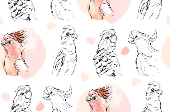 Hand drawn vector abstract textured graphic seamless pattern collage with exotic tropical parrots in pastel color isolated on white background.Wedding,decoration,fashion fabric,save the date,birthday.