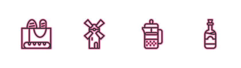 Set line French baguette bread, press, Windmill and Bottles of wine icon. Vector.