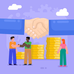 Investor, business agreement concept. Group of people stand near big hands handshake. Modern vector illustration