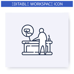 Fototapeta na wymiar Smart table line icon. Man working standing. Smart emerging technologies. Contemporary workplace. Futuristic office workspace innovations concept. Isolated vector illustration. Editable stroke 