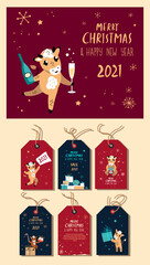 Set of Cute Cartoon Ox,Cows Greeting Christmas Cards Tags.New Year Cattle, Christmas Festive Attributes.Greetings Elements. Paper Labels, New Year 2021 Symbol. Holiday Animals Set. Vector Illustration