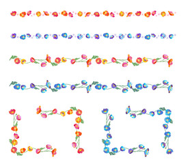 絵画調の春の花によるフレームと境界線